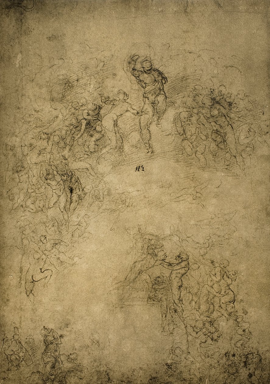 Förberedande skiss till den sista domen i Sixtinska kapellet; teckning av Michelangelo. Casa Buonarroti, Florens av Michelangelo Buonarroti