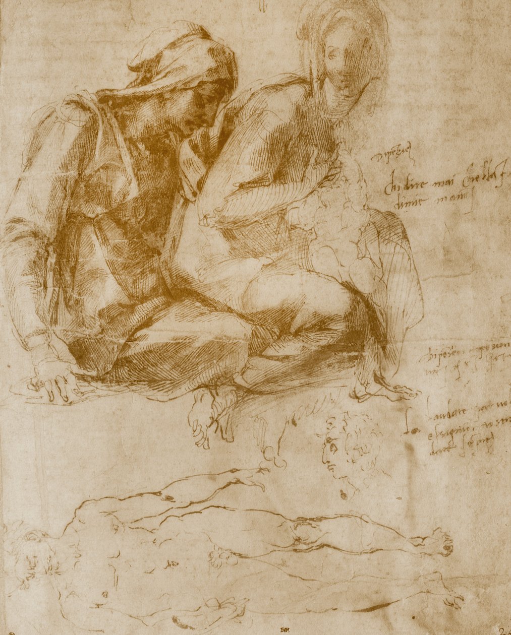Saint Anne, Jungfrun och barnet och en studie av en naken man av Michelangelo Buonarroti