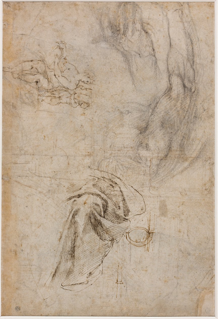 Schema för utsmyckning av taket i Sixtinska kapellet, c.1508 (penna & brunt bläck och kol på krämlagrat papper) av Michelangelo Buonarroti
