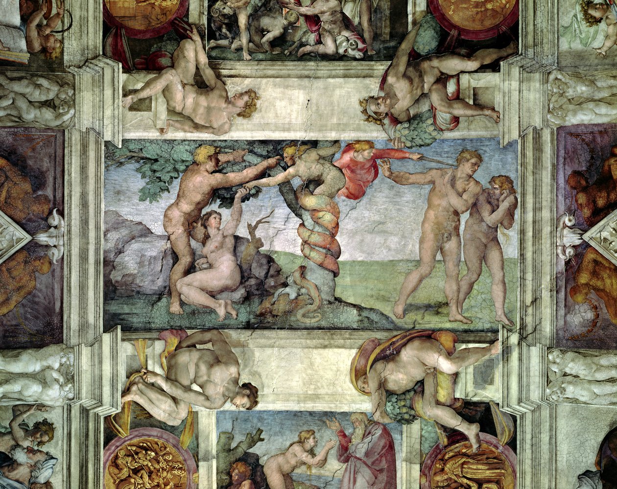 Sixtinska kapellets tak (1508-12): Utvisning av Adam och Eva från Edens lustgård (förrestaurering) av Michelangelo Buonarroti