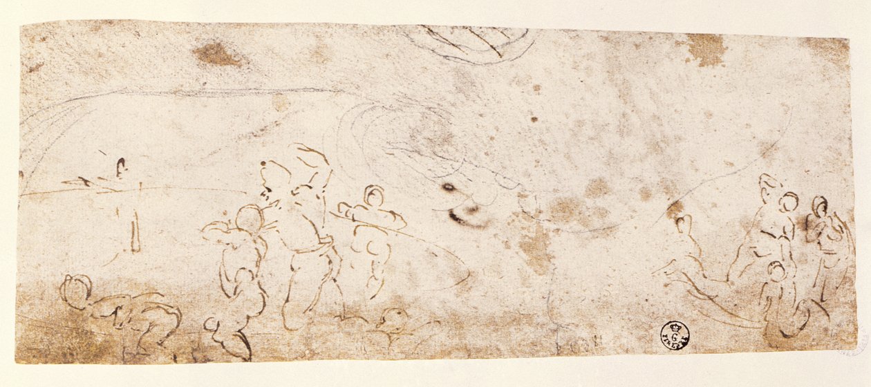 Sixtinska kapellets tak (1508-12): skiss av figurer för "Floden" (penna och brunt bläck) av Michelangelo Buonarroti
