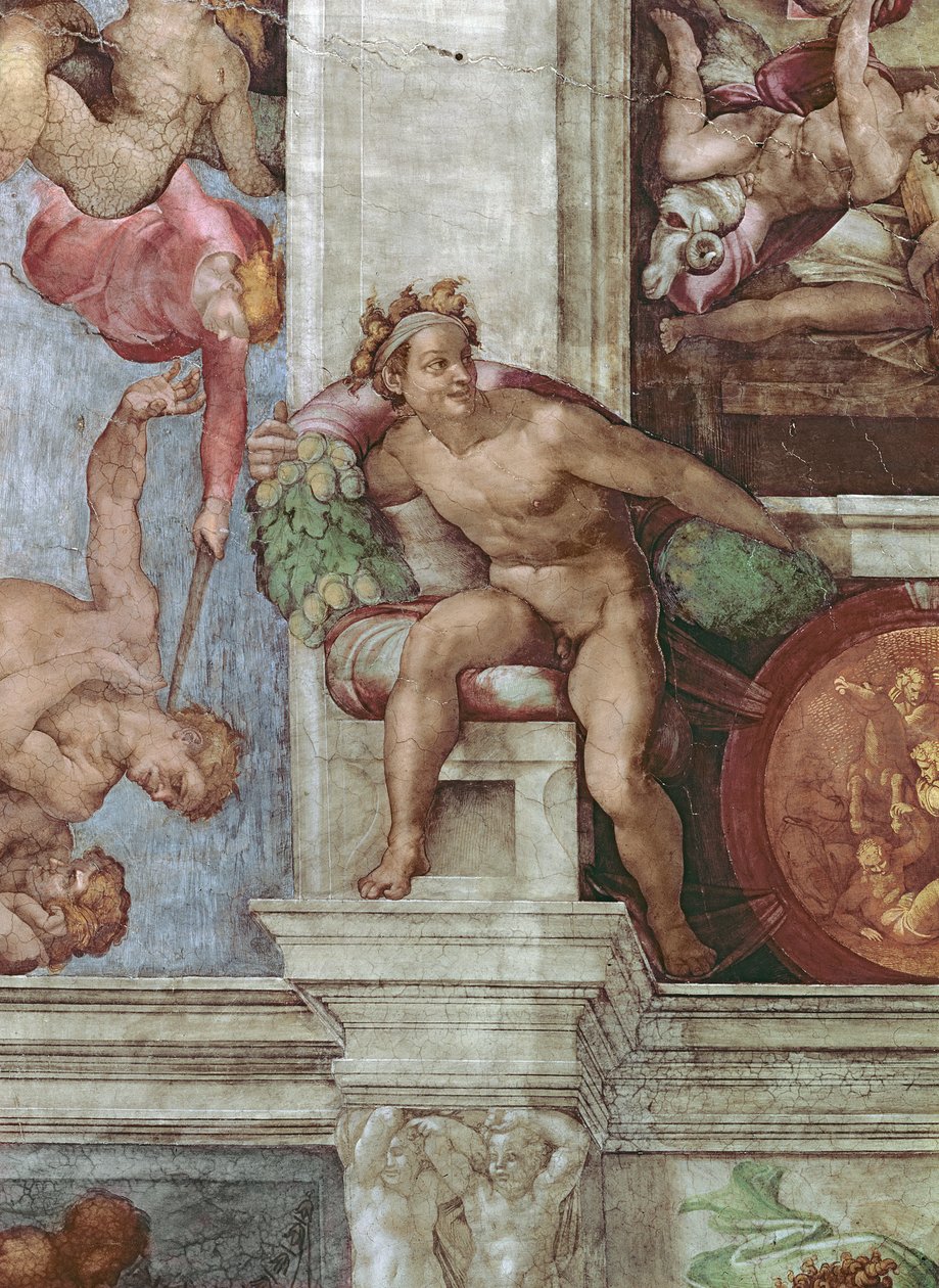 Taket i Sixtinska kapellet 1508-12: Adam och Evas fördrivning från Edens lustgård fresco före restaurering detalj av 571: Ignudo av Michelangelo Buonarroti