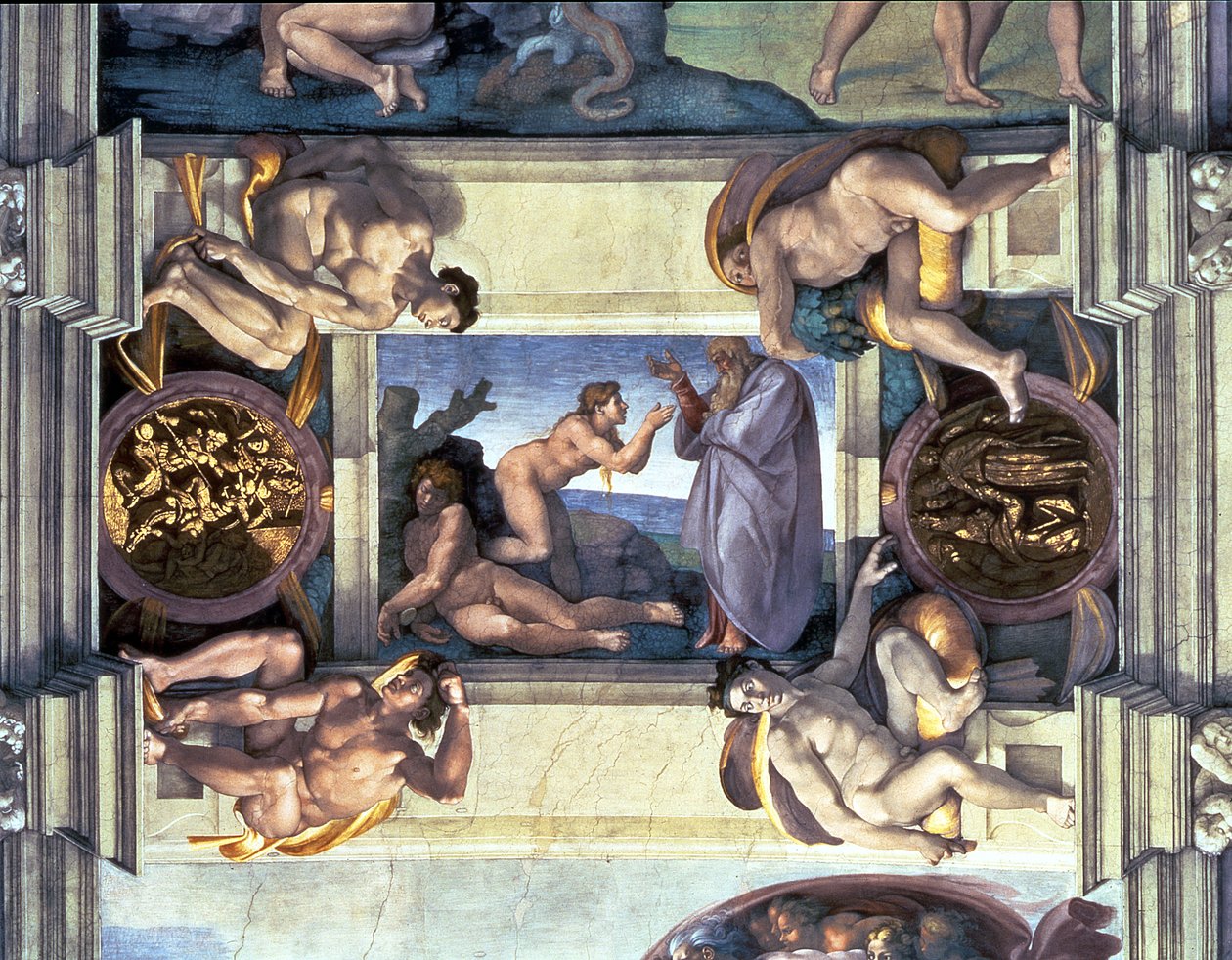 Sixtinska kapellets tak: Evas skapelse, med fyra Ignudi, 1510 (efter restaurering) av Michelangelo Buonarroti