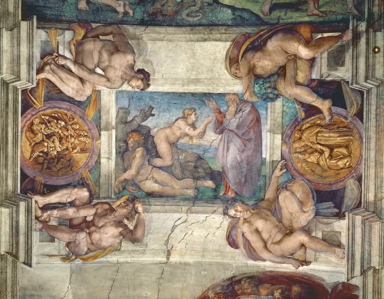 Sixtinska kapellets tak: Evans skapelse, med fyra Ignudi, 1510 (förrestaurering) av Michelangelo Buonarroti