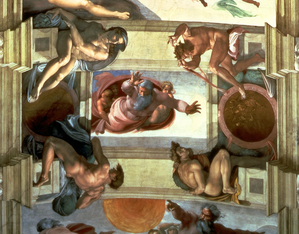 Sixtinska kapellets tak: Gud som skiljer landet från havet, med fyra Ignudi, 1510 (efter restaurering) av Michelangelo Buonarroti