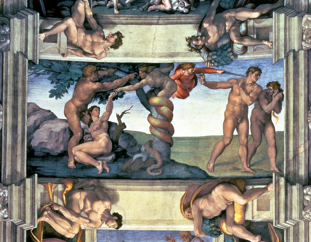 Sixtinska kapellets tak: Människans fall och utdrivningen från Edens lustgård, med fyra Ignudi, 1510 (efter restaurering) av Michelangelo Buonarroti