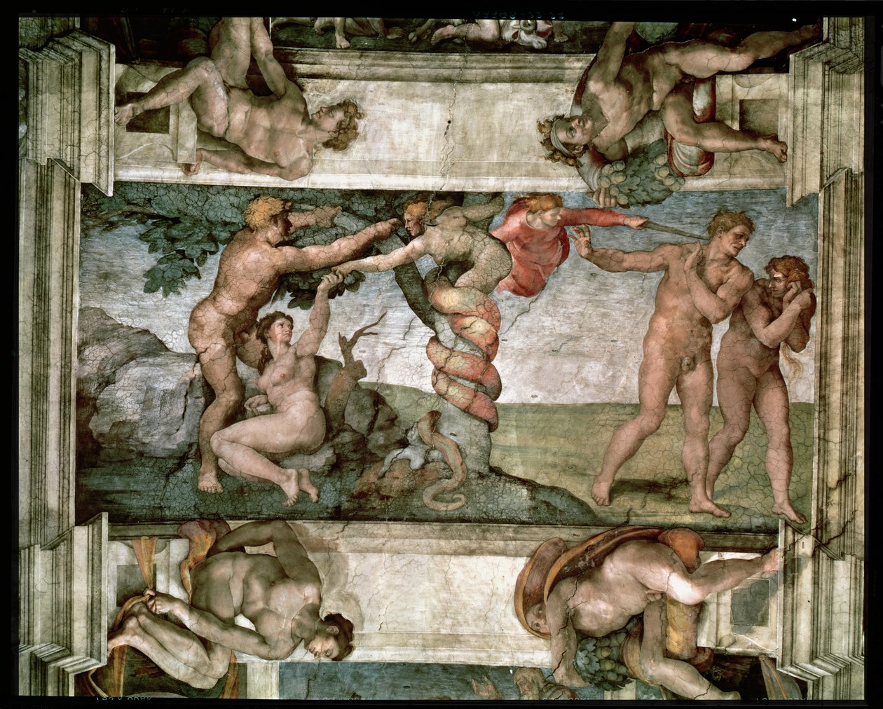 Sixtinska kapellets tak: Människans fall och utdrivningen från Edens lustgård, med fyra Ignudi, 1510 (förrestaurering) av Michelangelo Buonarroti