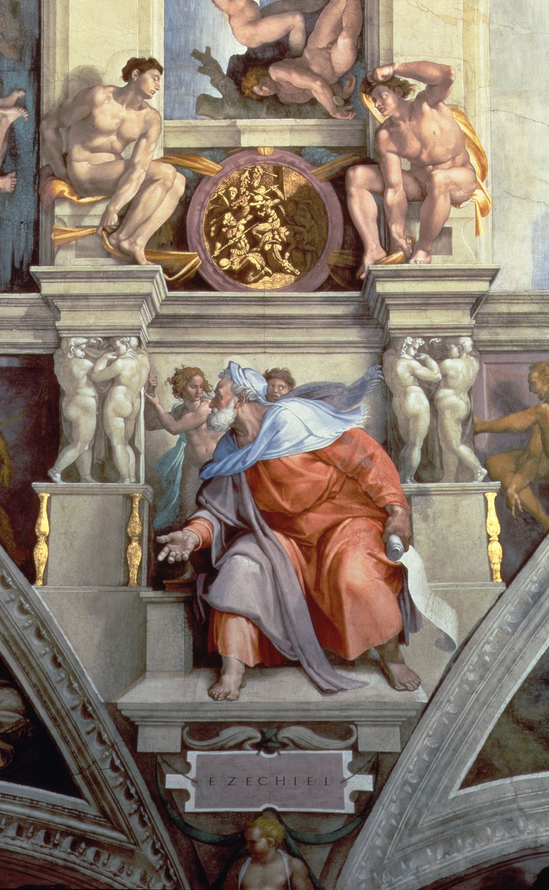 Sixtinska kapellets tak: Profeten Ezekiel, 1510 fresk efter restaureringsdetalj av 76588 av Michelangelo Buonarroti