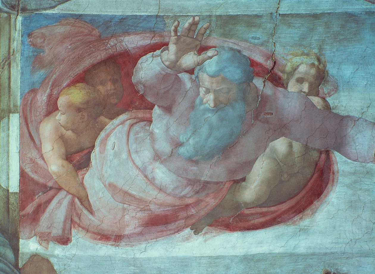 Sixtinska kapellet: God Dividing the Waters and Earth (för restaurering) (detalj) av Michelangelo Buonarroti