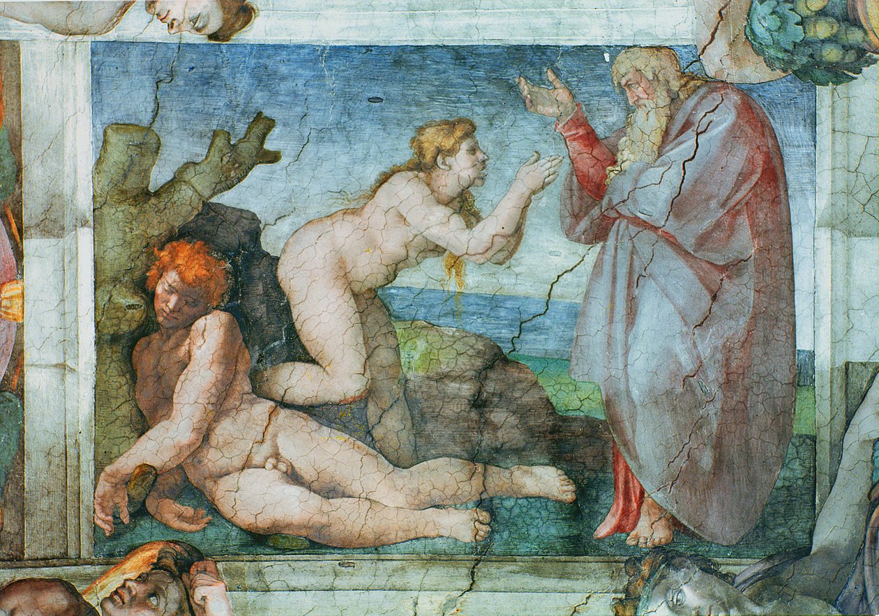 Taket i Sixtinska kapellet: Skapelse av eve, med fyra Ignudi, 1511 (före restaurering) av Michelangelo Buonarroti