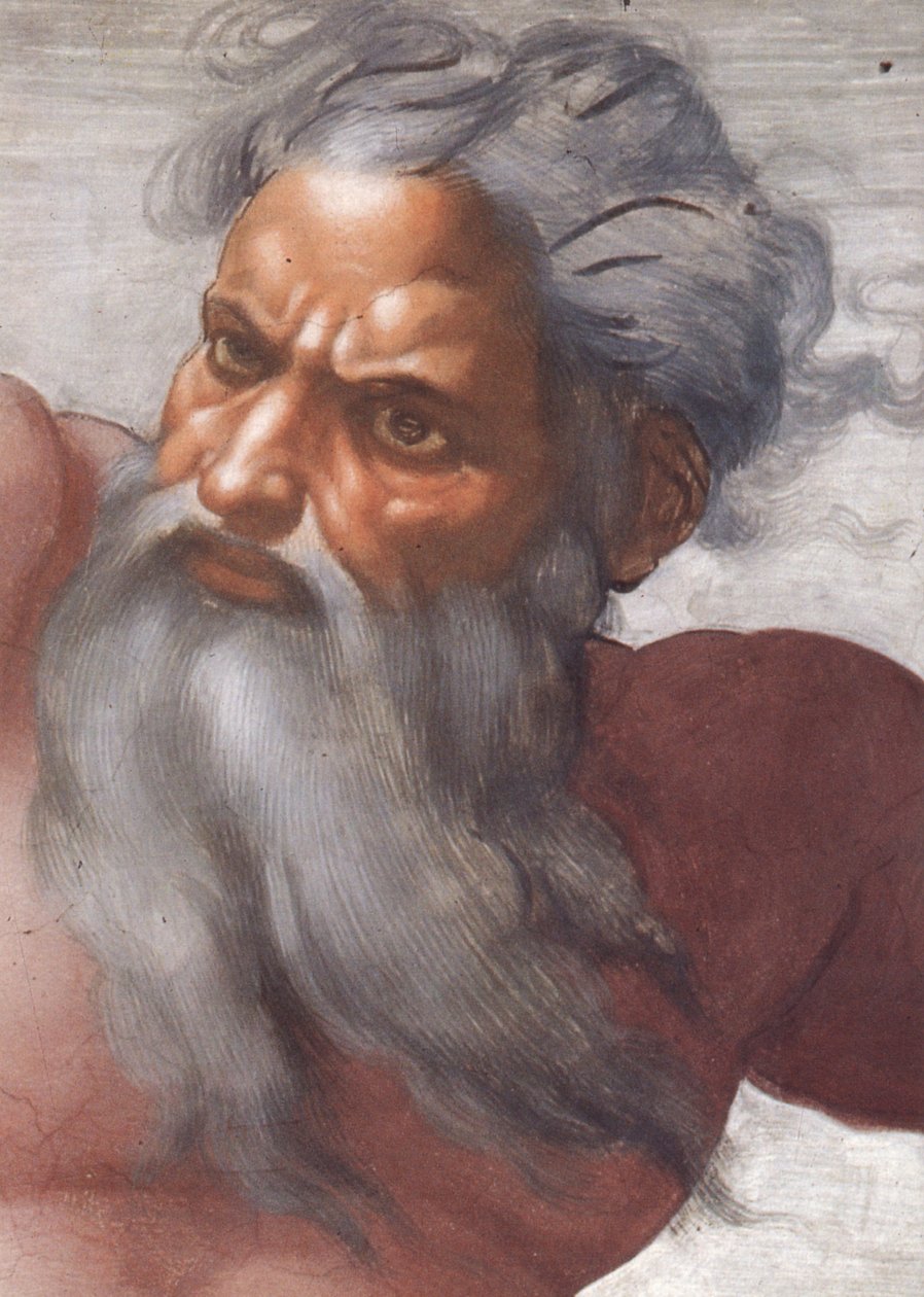 Det sixtinske kapel loft: Creation of the Sun and Moon, 1508-12, detalje af Guds ansigt swed av Michelangelo Buonarroti
