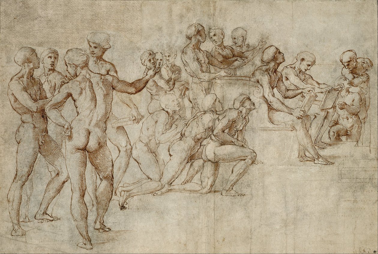 Sketch for the lower left section of the Disputa av Michelangelo Buonarroti