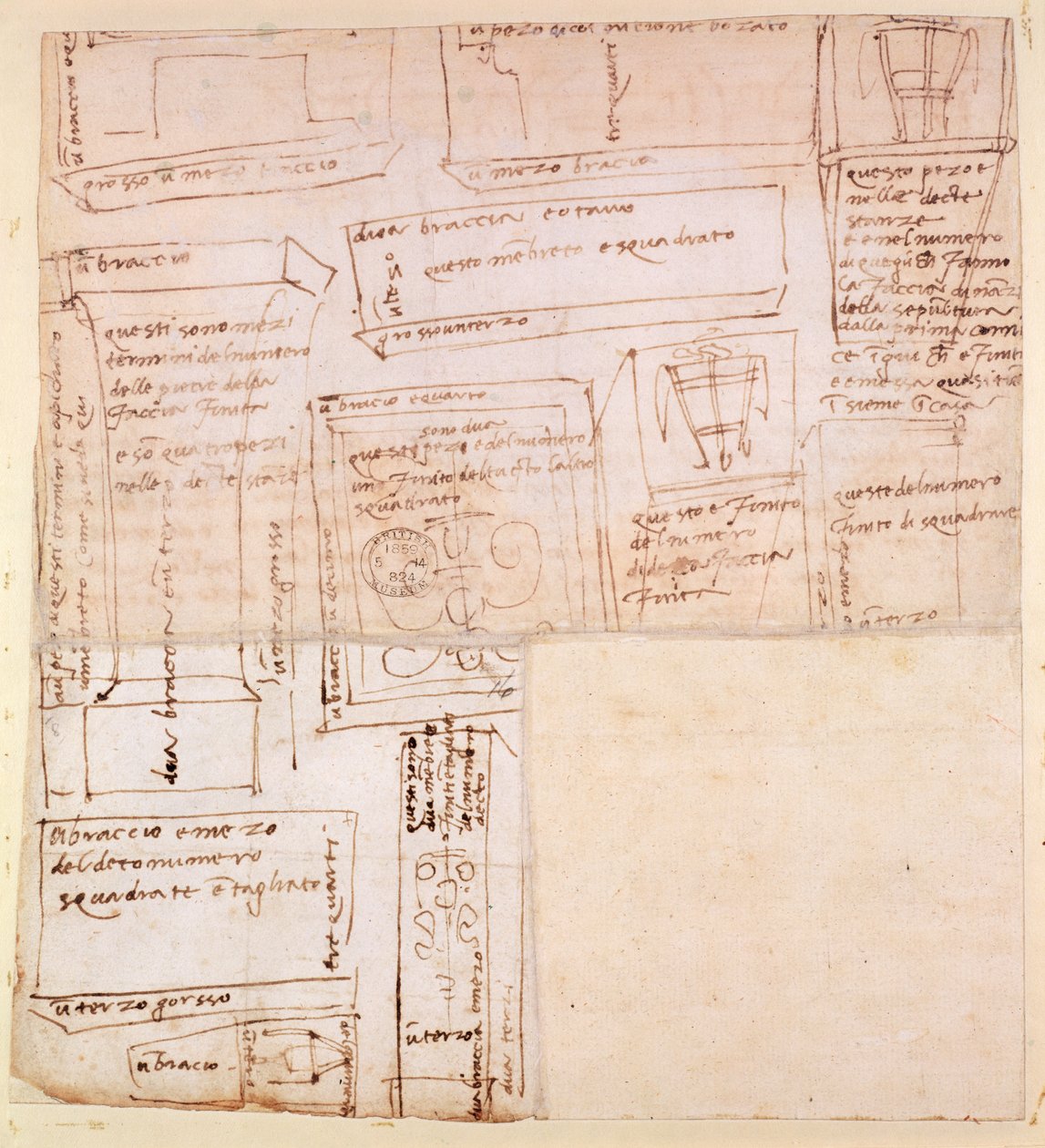Skiss av marmorblock för statyer med anteckningar (brunt bläck på papper) (verso) av Michelangelo Buonarroti