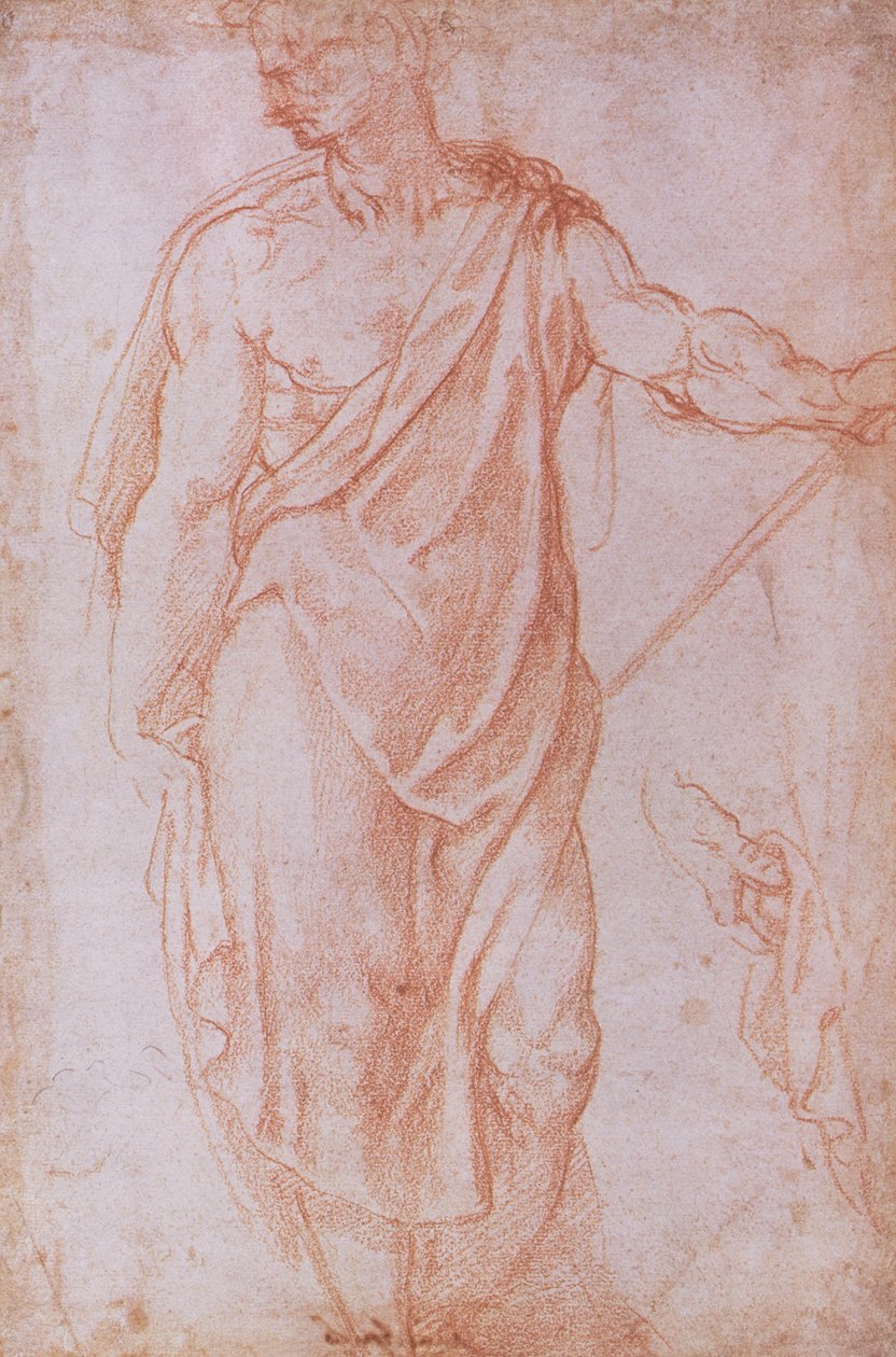 Skiss av en man som håller en stav och en studie av en hand (röd krita på papper) av Michelangelo Buonarroti