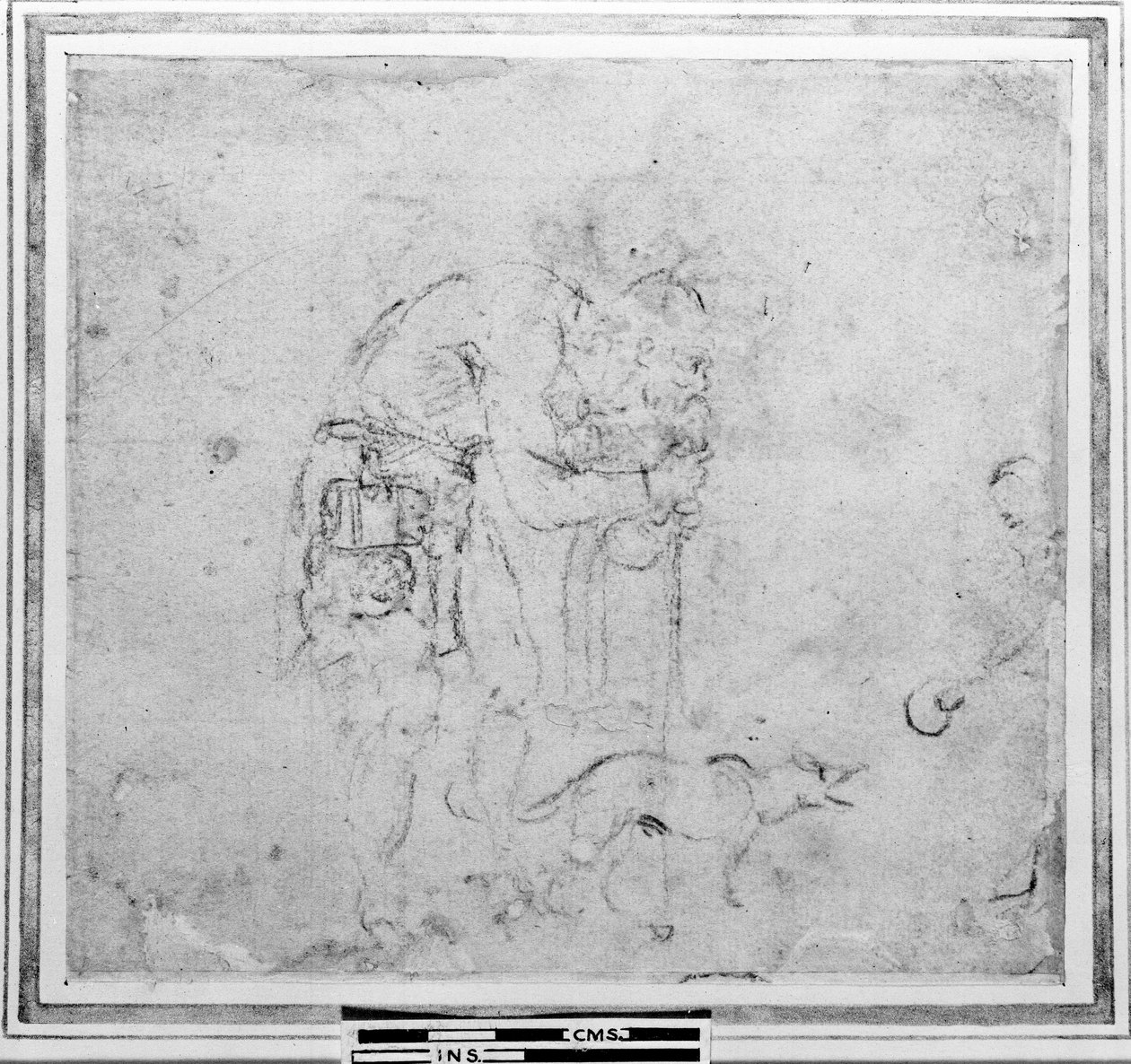 Skiss med en figur och en hund (kol på papper) av Michelangelo Buonarroti