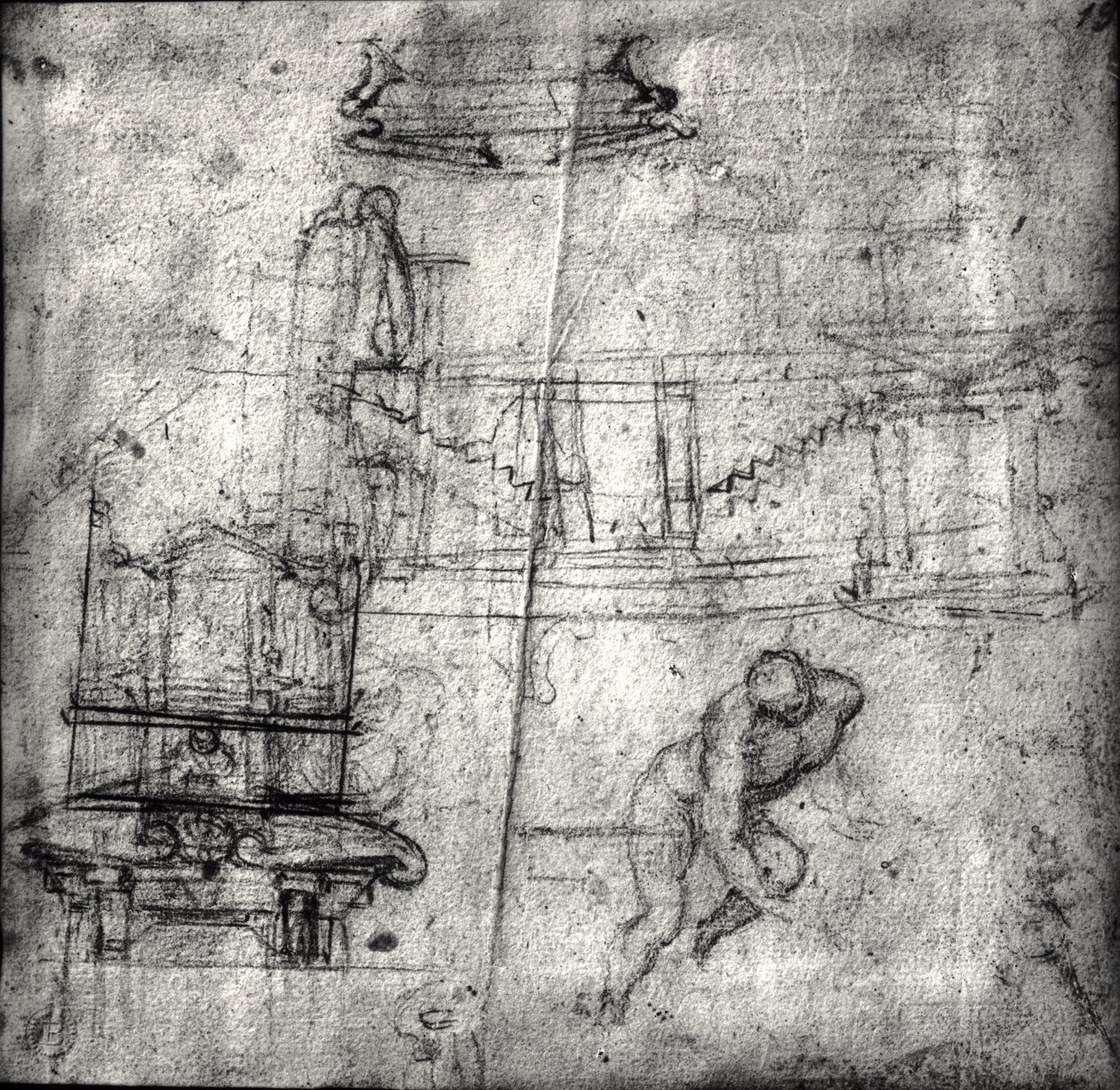 Skiss med arkitekturstudier och en manlig nakenbild av Michelangelo Buonarroti