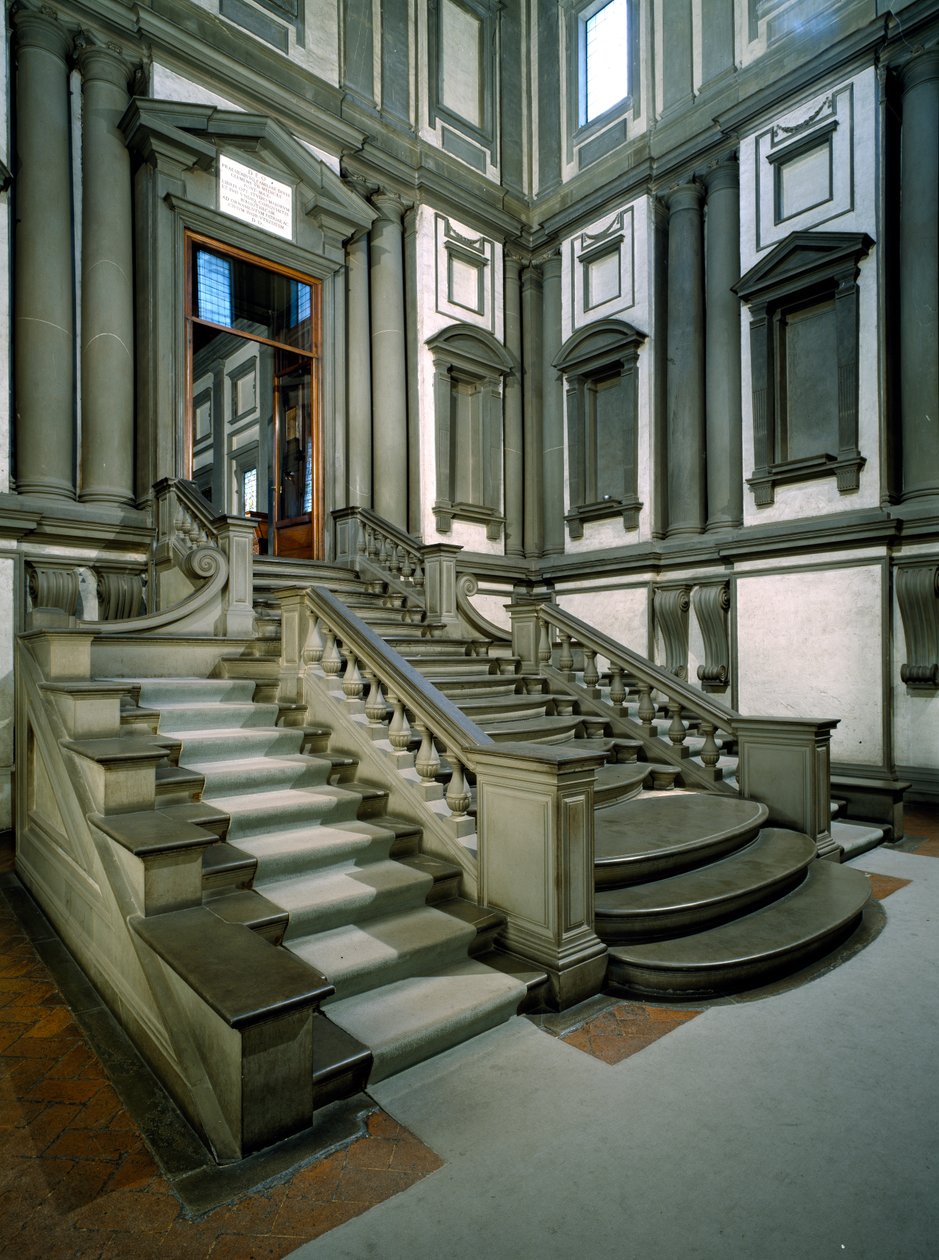 Trappa i entréhallen till Laurentian Library, färdigställd av Bartolomeo Ammannati (1511-92) 1559 av Michelangelo Buonarroti