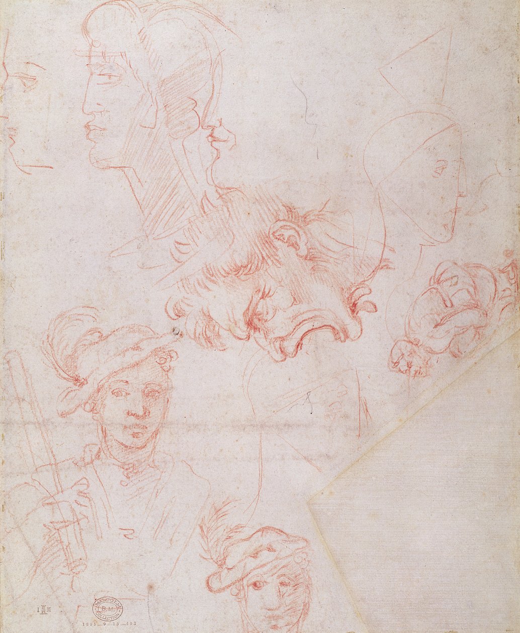 Studier av huvuden, 1508-12d (röd krita på papper) (verso) av Michelangelo Buonarroti