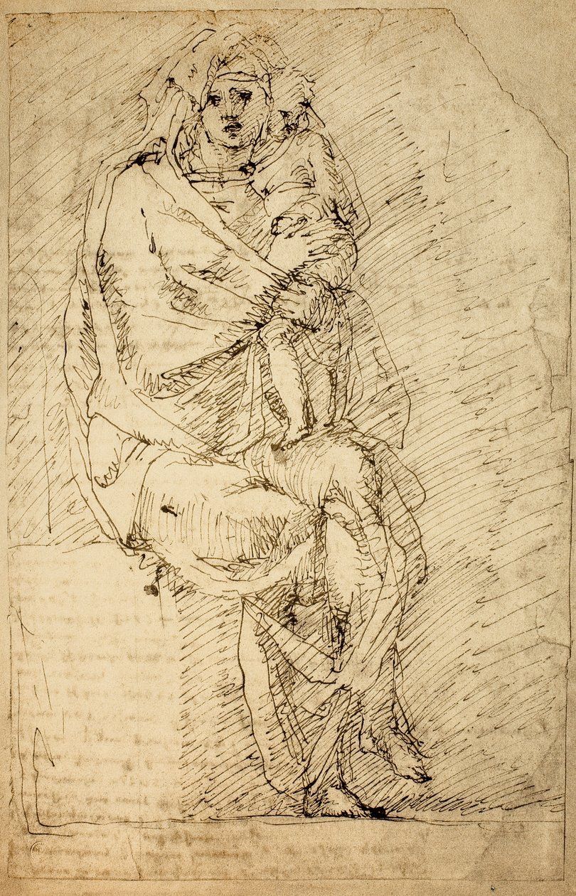Studera för en Madonna och ett barn; teckning av Michelangelo. Casa Buonarroti, Florens av Michelangelo Buonarroti
