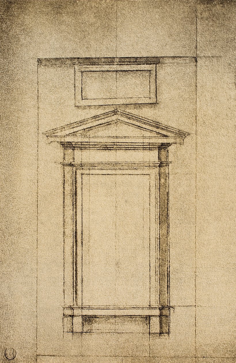 Studera för ett fönster i vestibolon av Laurentian Library; teckning av Michelangelo. Casa Buonarroti, Florens av Michelangelo Buonarroti