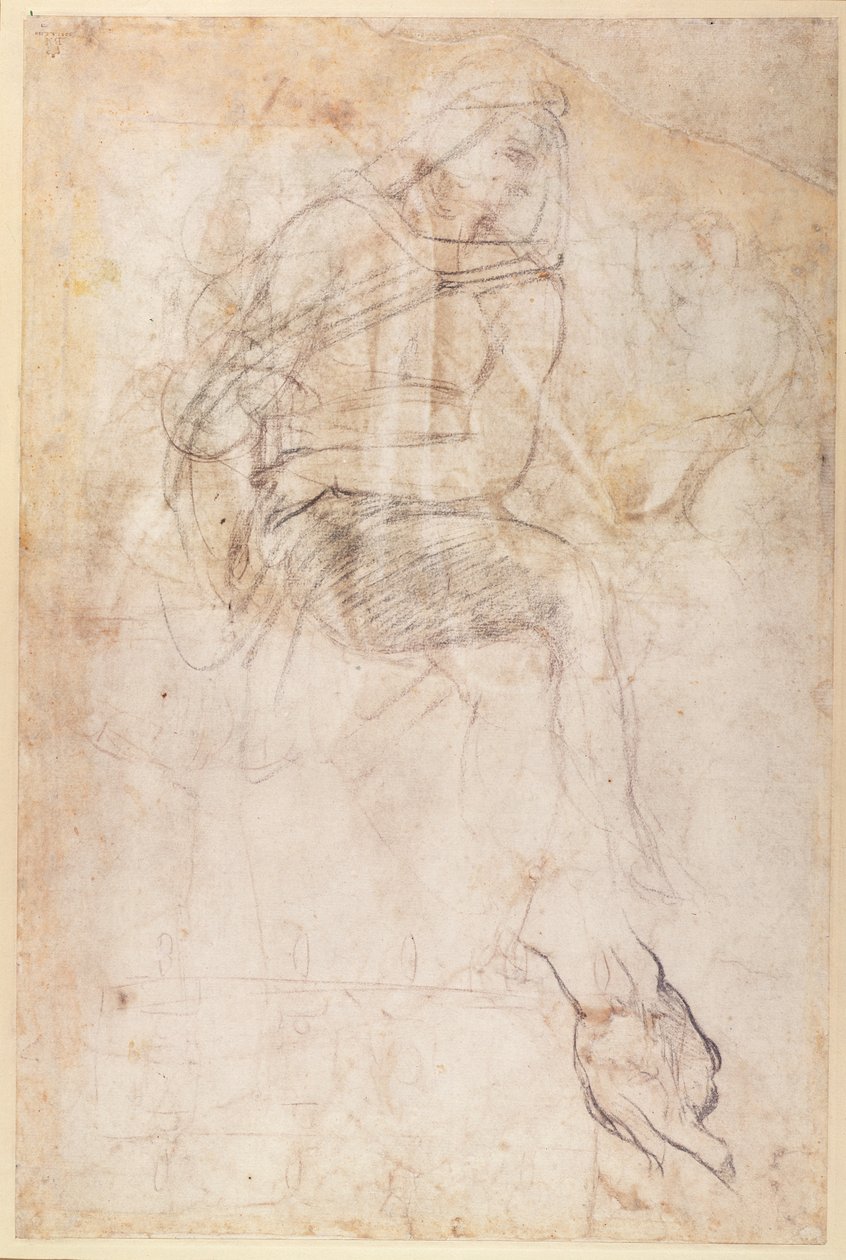 Studie för Ignudi ovanför den persiska sibylla i Sixtinska kapellet, 1508-12 (kol på papper) (verso) av Michelangelo Buonarroti