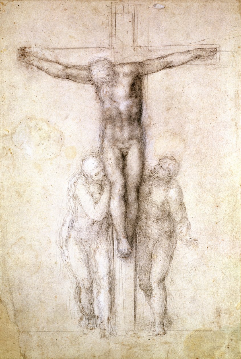 Studie av Kristus på korset mellan Jungfrun och Johannes evangelisten (svart krita på papper) (recto) av Michelangelo Buonarroti