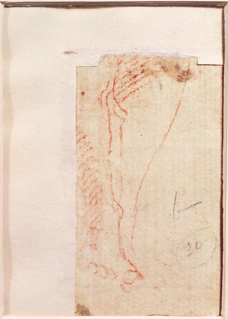 Studie av Kristi fötter spikade på korset (röd krita på papper) (verso) av Michelangelo Buonarroti