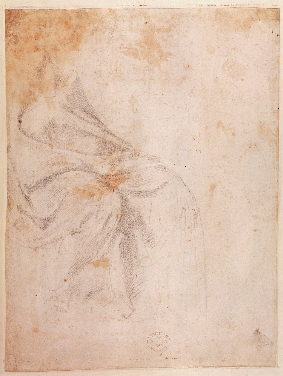 Study of Draperi (svart krita på papper) c.1516 (verso) (för recto se 191775) av Michelangelo Buonarroti