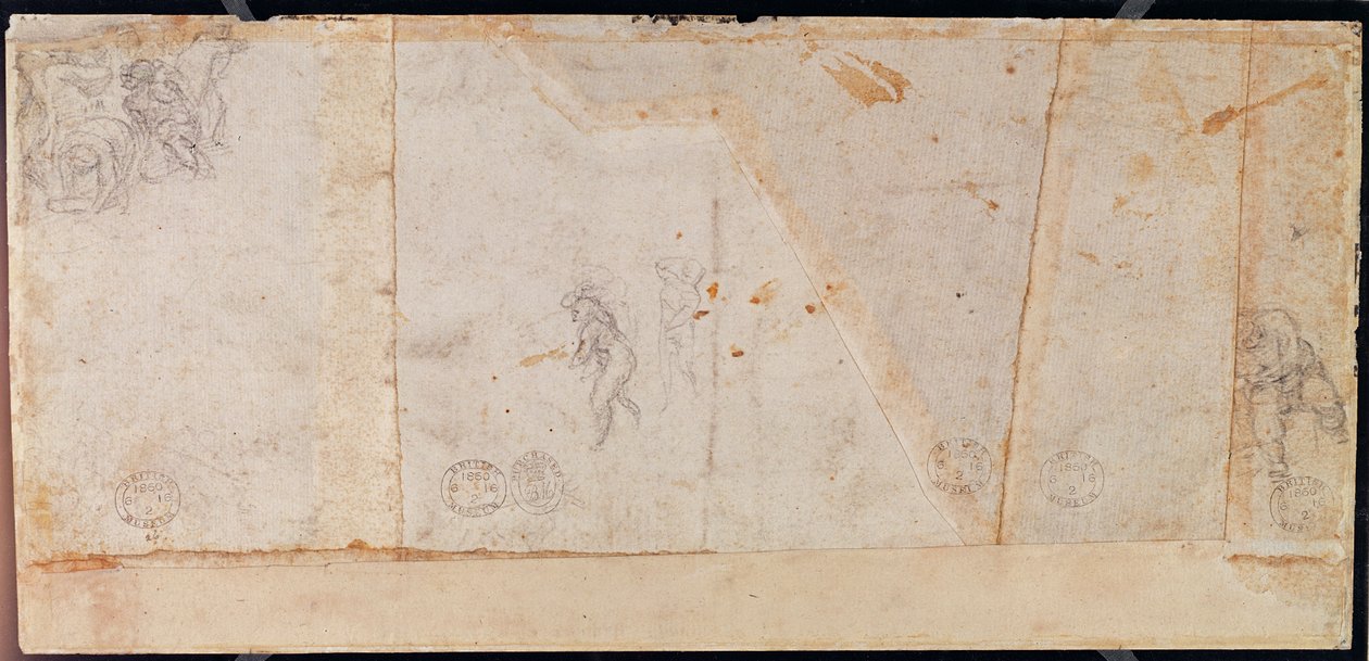 Studie af figurer (sort kridt på papir) (verso)swed av Michelangelo Buonarroti