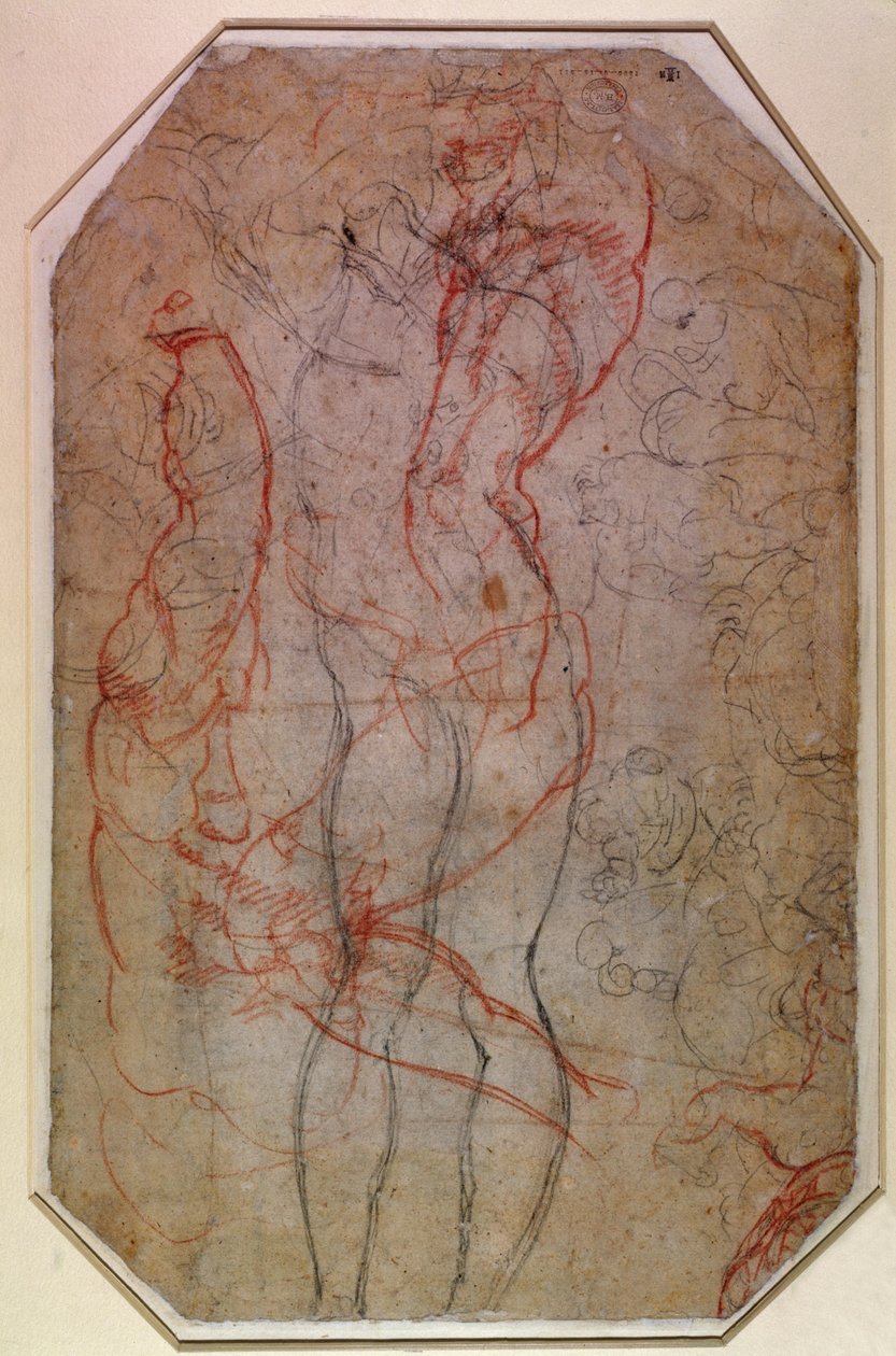 Figurstudie och Adams skapelse (blyerts och rödkrita på papper) (verso) av Michelangelo Buonarroti
