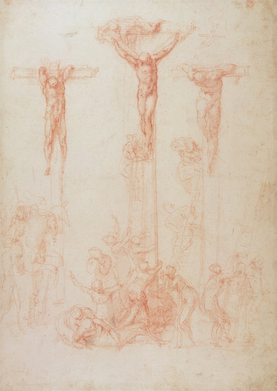 Studie av tre kors (röd krita på papper) av Michelangelo Buonarroti