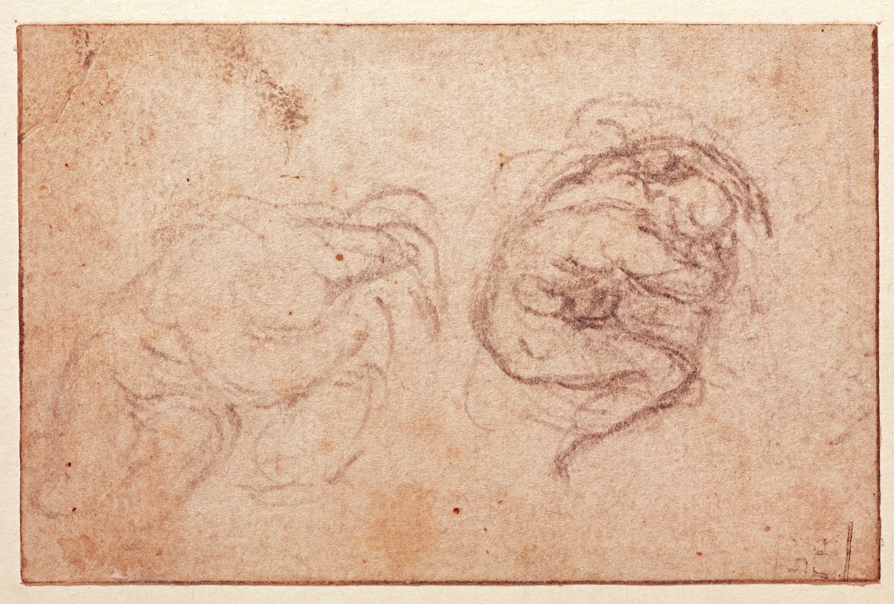 Studie av en hukande figur (svart krita på papper) (recto) av Michelangelo Buonarroti