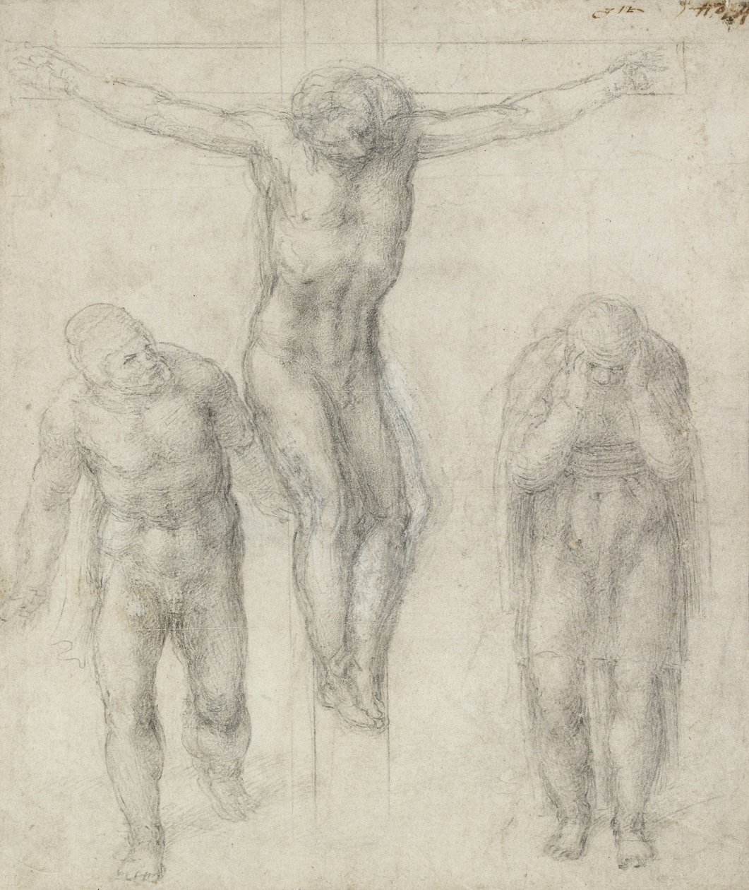 Studie av en korsfäst Kristus och två figurer, ca 1560 (krita på papper) av Michelangelo Buonarroti
