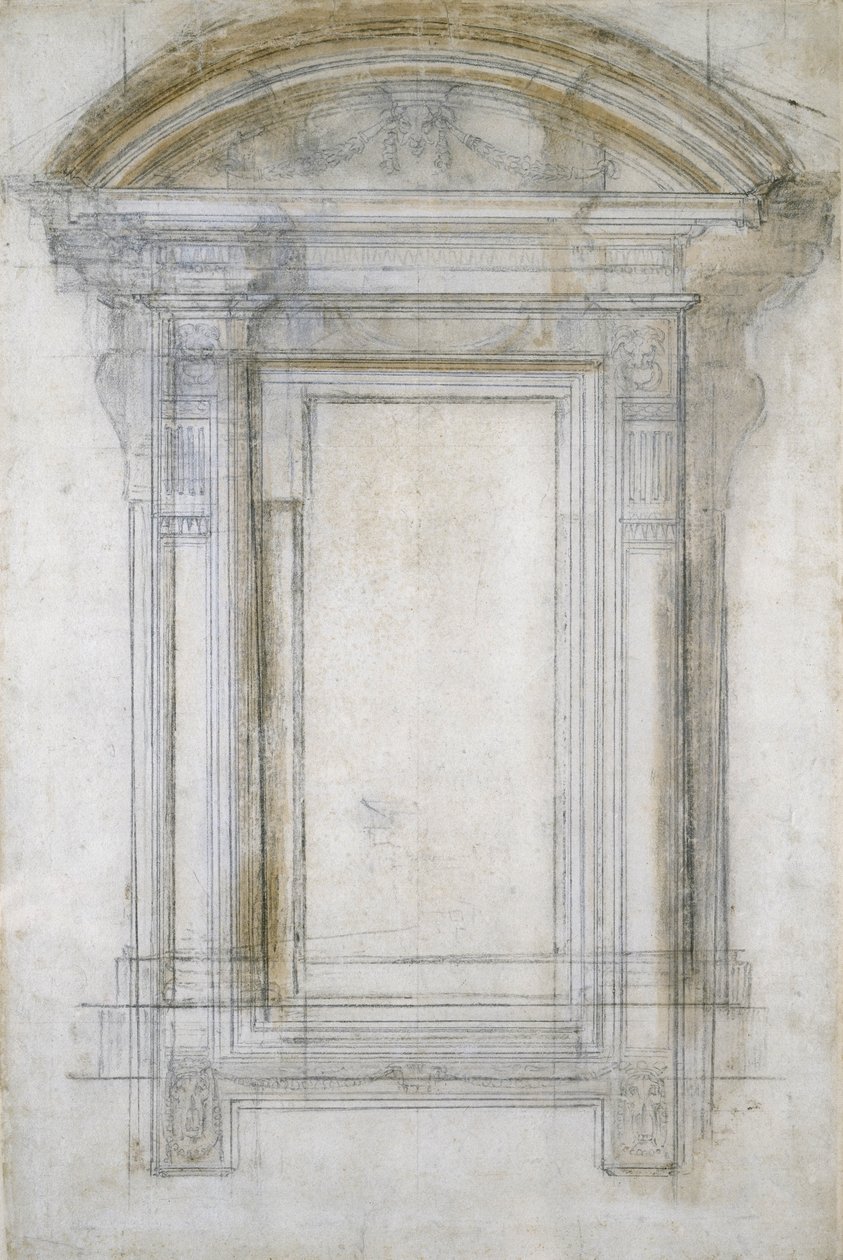 Studie av ett fönster med halvcirkelformad gavel, ca 1546 (svart krita och tvätt på papper) av Michelangelo Buonarroti