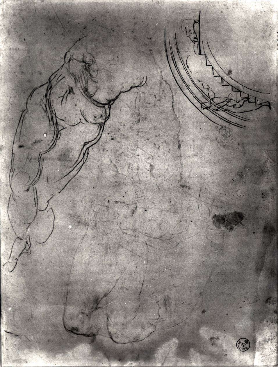 Studie av en manlig naken (penna & bläck och penna på papper) av Michelangelo Buonarroti