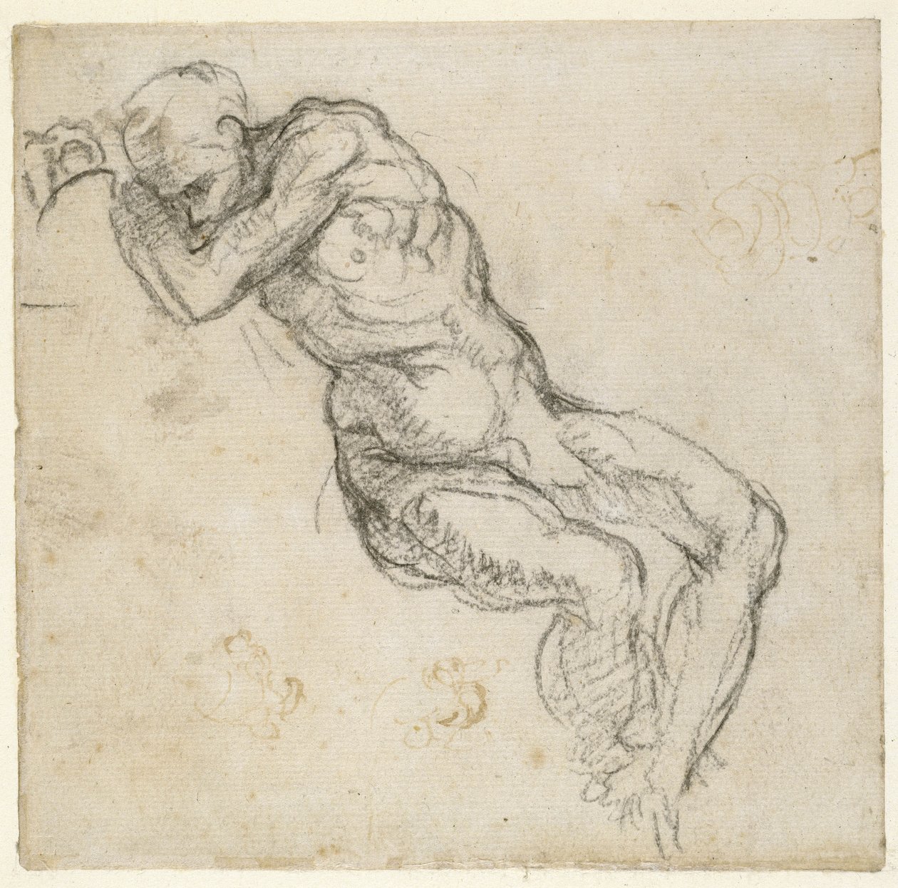 Studie av en manlig naken, ca 1511 (penna och svart krita på papper) av Michelangelo Buonarroti