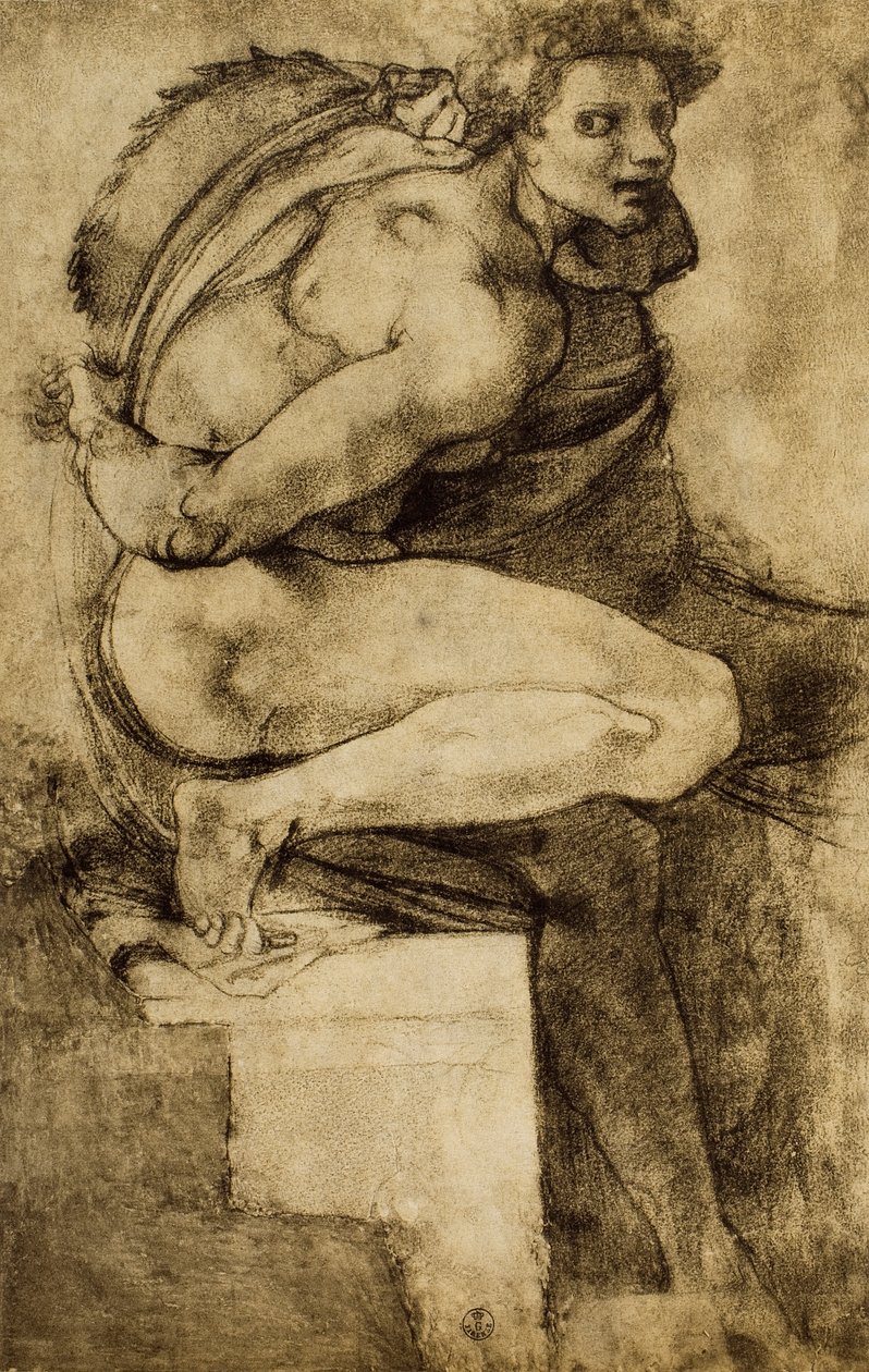 Studie av en manlig naken med böjda ben, teckning av Michelangelo. Kabinet för ritningar och tryck, Uffizi, Florens av Michelangelo Buonarroti