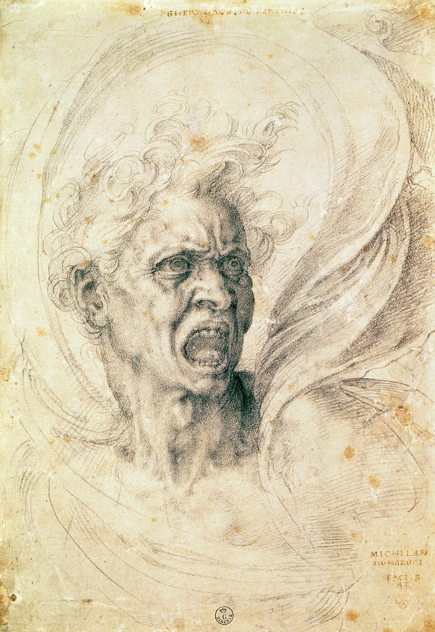 Studie av en man som ropar (kol på papper) av Michelangelo Buonarroti