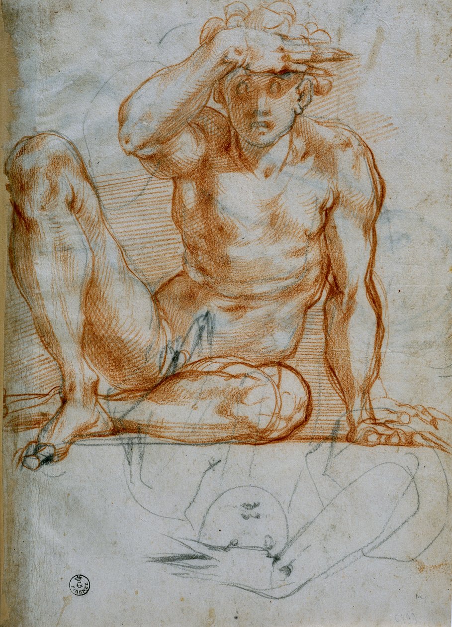 Studie av en naken som gör en skugga med sin hand (6599 F), röd penna på papper, Michelangelo Buonarroti (1475-1564), Cabinet of Drawings and Prints, The Uffizi Gallery, Florence av Michelangelo Buonarroti