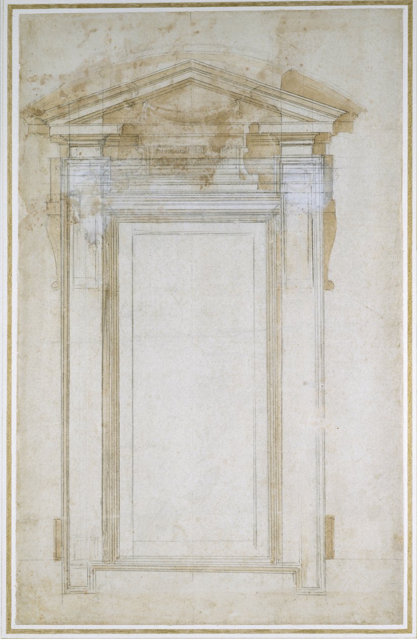 Studie av ett fönster med trekantig gavel, ca 1546 (svart krita, tvätt, penna och bläck på papper) av Michelangelo Buonarroti
