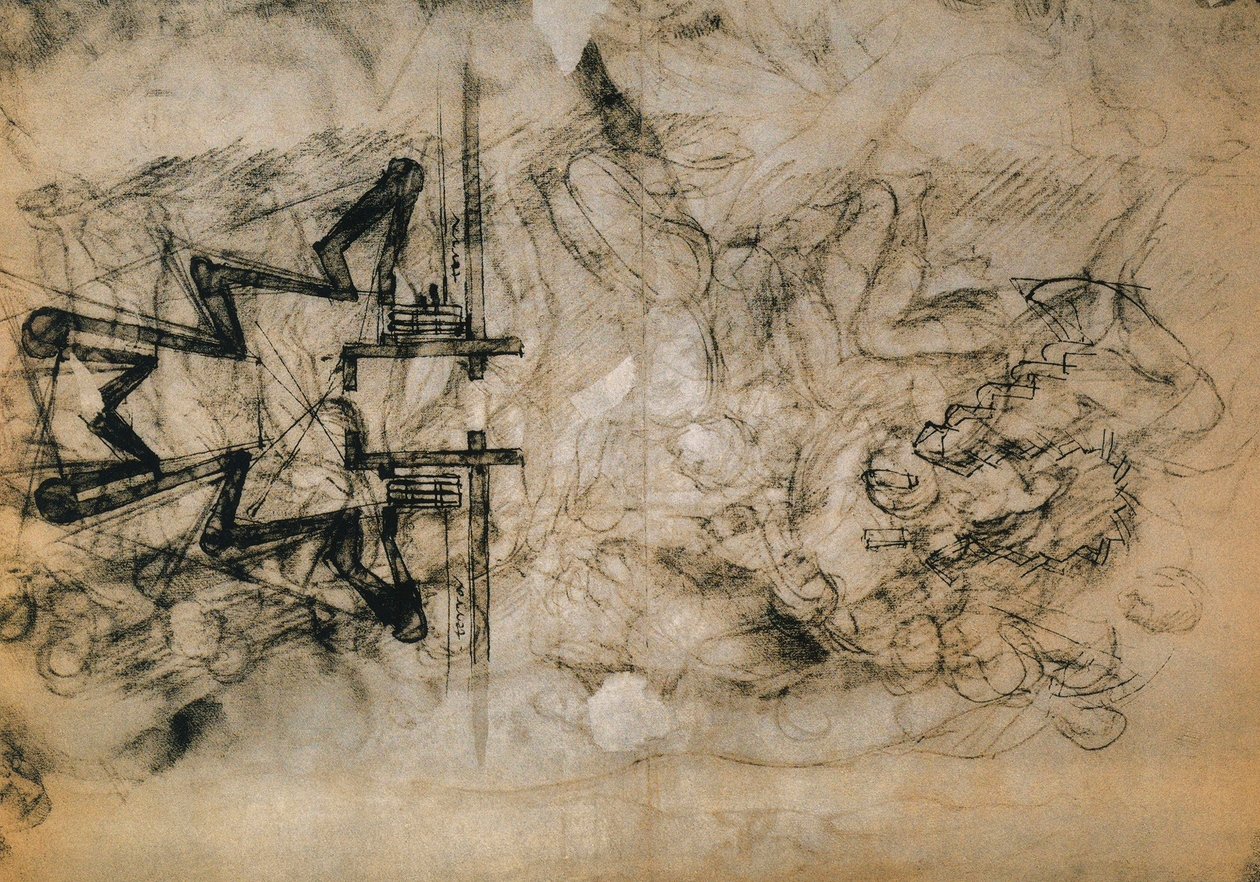 Studie av figurer och planer för befästningen av Florens; teckning av Michelangelo. Casa Buonarroti, Florens av Michelangelo Buonarroti