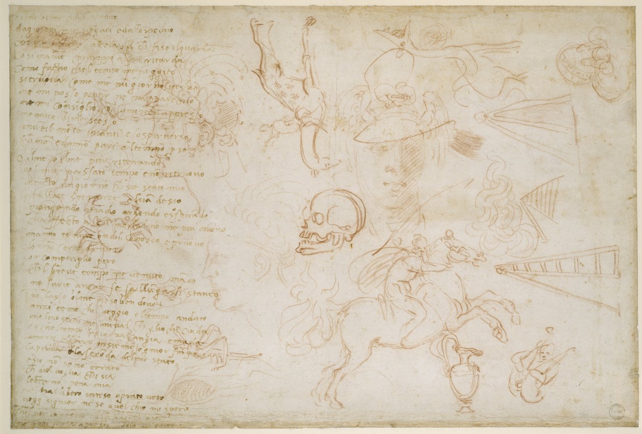 Studie av huvuden och djur, ca 1525 (röd krita och penna på papper) av Michelangelo Buonarroti