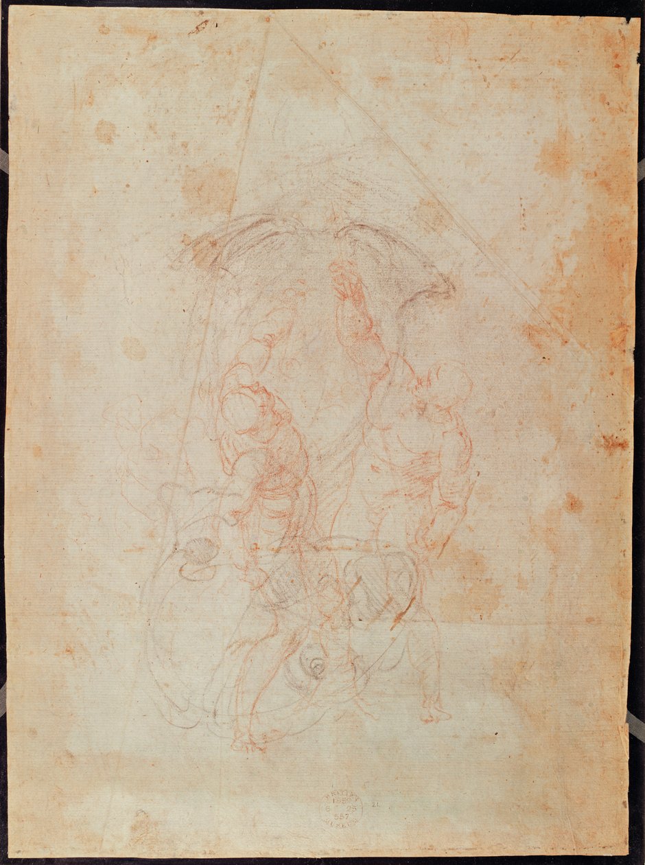 Studie av två mansfigurer (röd krita på papper) (verso) av Michelangelo Buonarroti