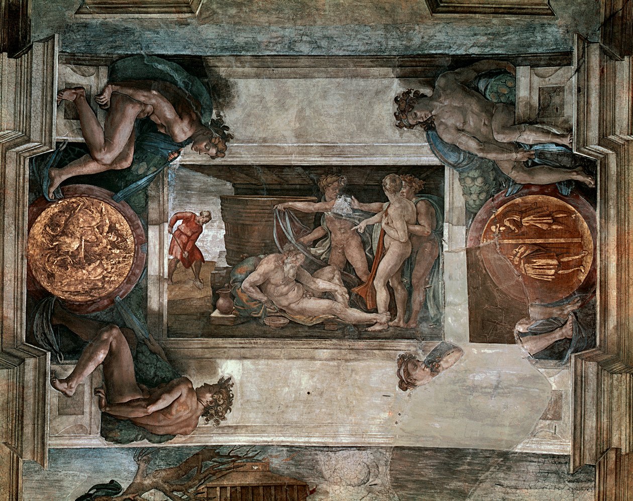 The Drunkenness of Noah, detalj från Sixtinska kapellets tak, 1508-12 av Michelangelo Buonarroti