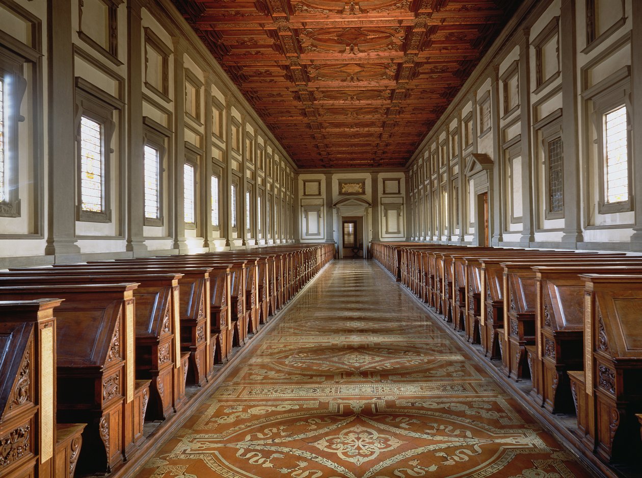 Lässalen i Laurentian Library, designad av Michelangelo Buonarroti (1475-1564), 1534 av Michelangelo Buonarroti