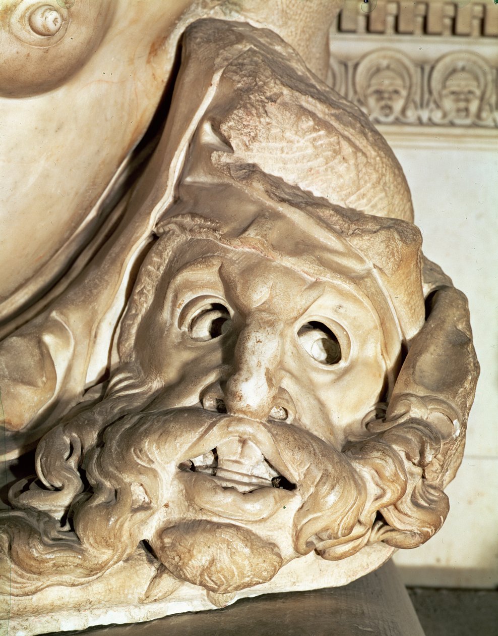 Giuliano de Medicis grav 1478-1516 detalj av den tragiska masken under nattens arm, 1520-34 marmor av Michelangelo Buonarroti