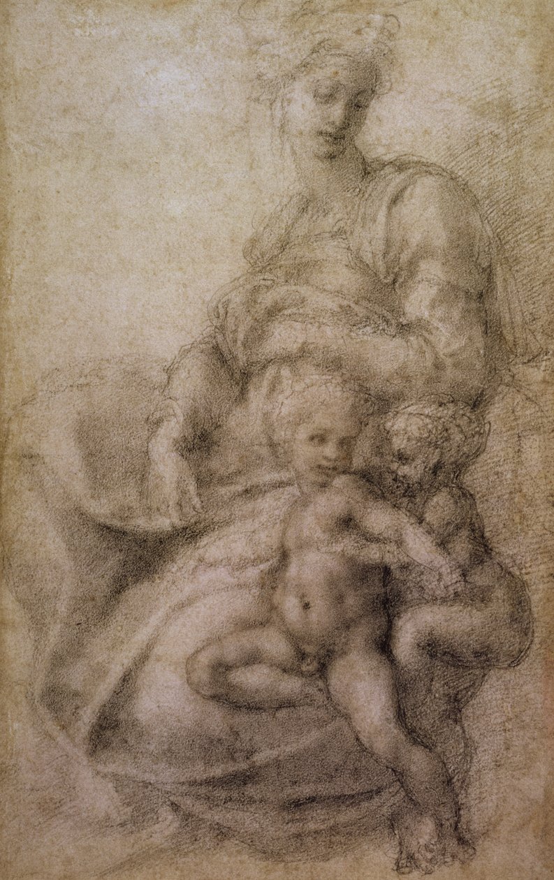 Jungfrun och barnet med spädbarnsdöparen, ca 1530 (svart krita på papper) av Michelangelo Buonarroti