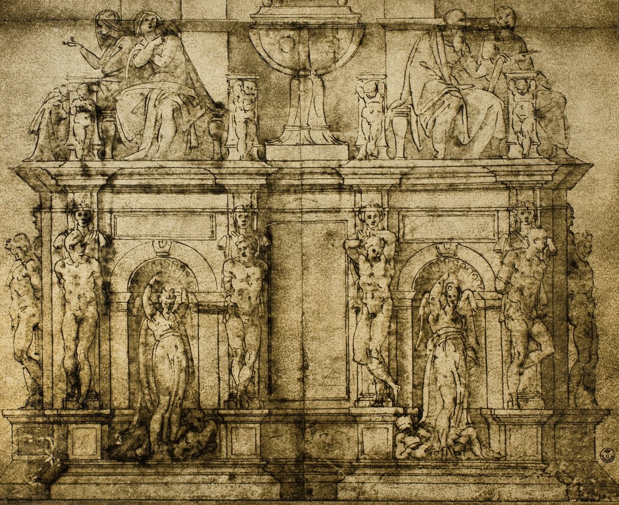 Påven Julius II:s grav, förberedande ritning av Michelangelo, Tecknings- och tryckkabinettet, Uffizigalleriet, Florens av Michelangelo Buonarroti