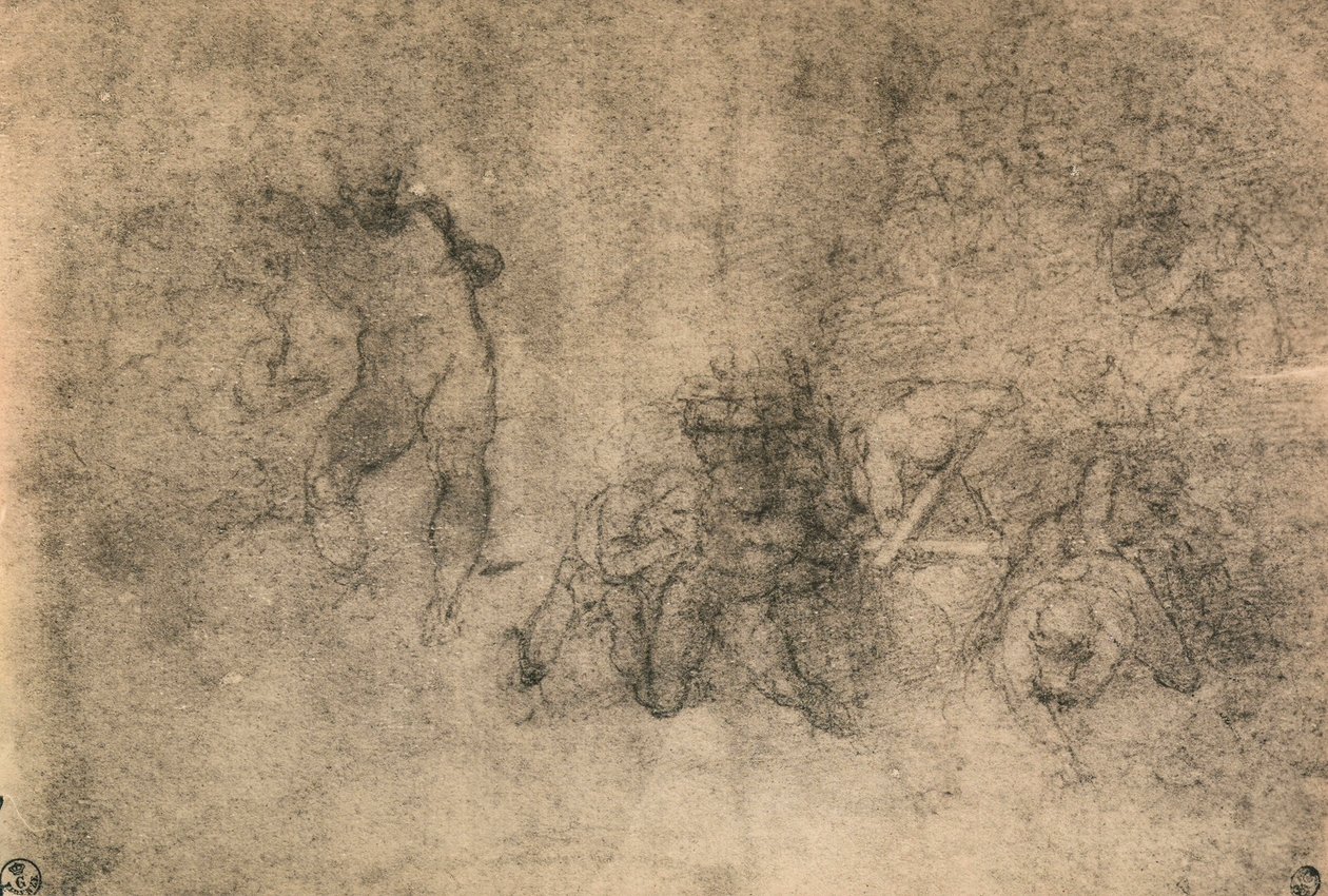 Olika studier av en manlig naken, Michelangelo. Cabinet of Drawings and Prints, Uffizi Gallery, Florens av Michelangelo Buonarroti