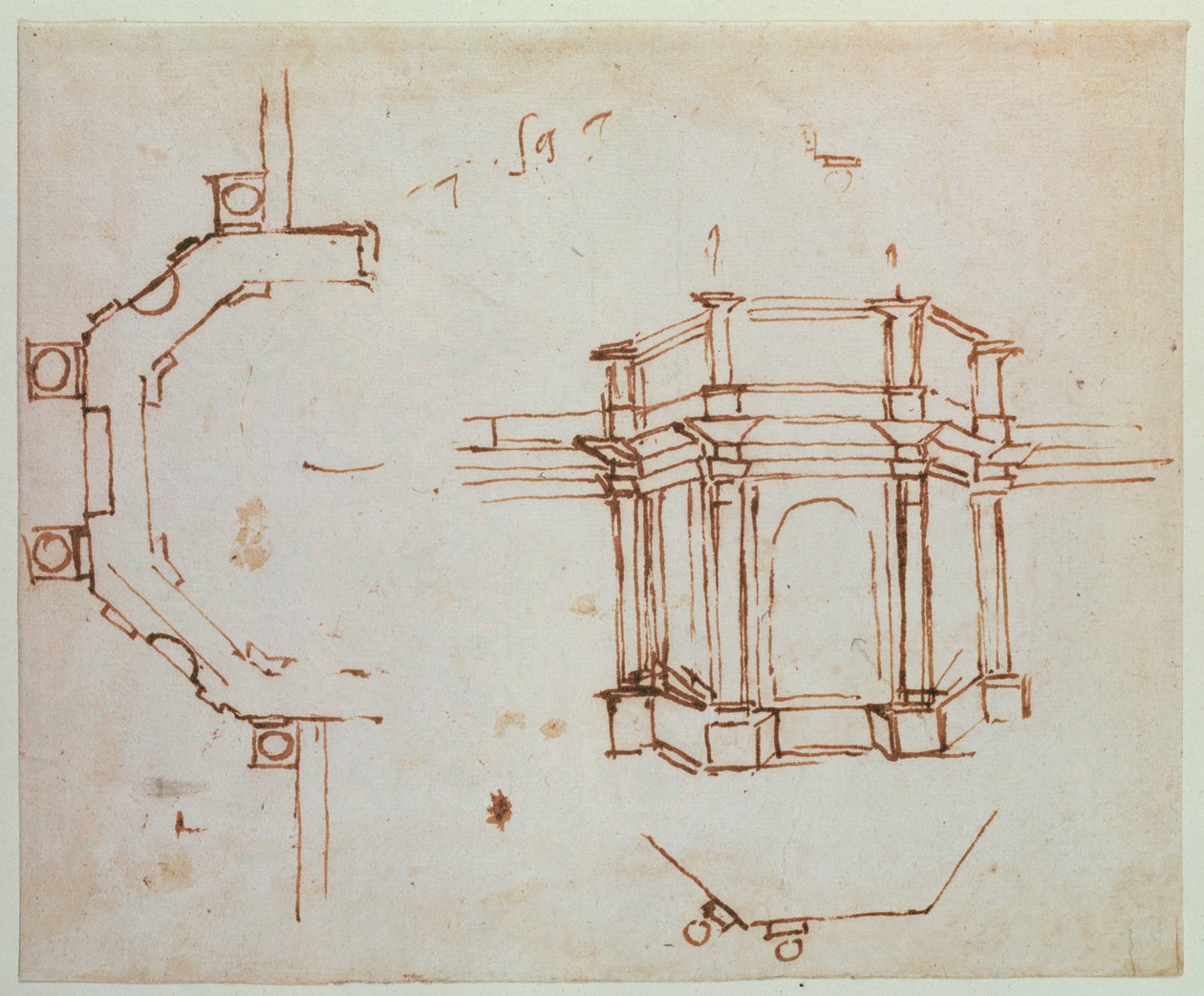W.24r Arkitektskitse (pen og blæk) swed av Michelangelo Buonarroti